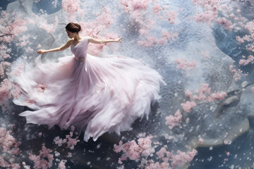 Aerial view, minimalist art, luminous and dreamlike scenes, huge transparent whirlwind of Sakura petals and flowers wrap the ancient Chinese ballerina lady in an elegant ballet pose in a river 