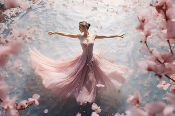 Aerial view, minimalist art, luminous and dreamlike scenes, huge transparent whirlwind of Sakura petals and flowers wrap the ancient Chinese ballerina lady in an elegant ballet pose in a river 