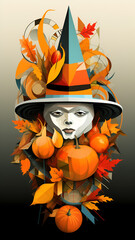 A pumpkin with a Thanksgiving hat on its head, is surrounded by other Thanksgiving symbols, such as turkey, cornucopias, and autumn leaves. geometric abstraction