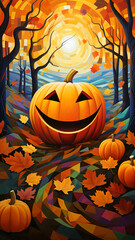 A close - up of a happy pumpkin with a big smile on its face, sitting in a field of autumn leaves. kid's book cover. Thanksgiving concept. 