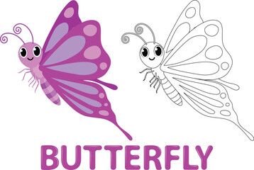 Cute Butterfly cartoon Coloring Book, hand drawn simple lines