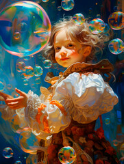 Cute little girl playing with bubbles. Illustration. Created with generative ai technology