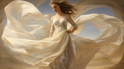 Graceful woman in a flowing white dress dancing with the wind