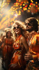A vibrant couple in retro 70's and 80's outfits, dancing flirtatiously on the dancefloor, their sunglasses adding to the essence of a summer love story