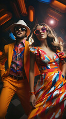 Stylish couple confidently walks through a club, flaunting their colourful retro 80s fashion and sunglasses - obrazy, fototapety, plakaty