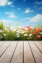 wooden background with flowers for spring theme