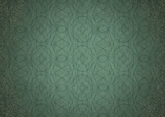 Hand-drawn abstract ornament. Dark green on light cold green background, with vignette of darker background color and splatters of golden glitter. Paper texture. A4. (pattern: p10-2c)