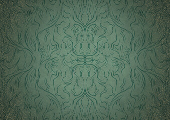 Hand-drawn abstract ornament. Dark green on light cold green background, with vignette of darker background color and splatters of golden glitter. Paper texture. A4. (pattern: p11-1a)
