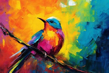Bright abstract bird with vibrant colors against a dark backdrop. Generative AI