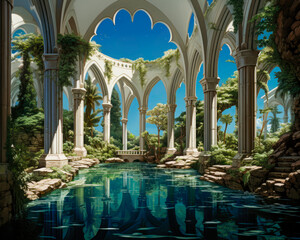 Fantasy building with arches and columns reflected on a pool. Created with generative ai technology. - 662073440