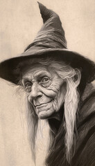 A portrait of an  old witch with a kindly look. Created with generated ai technology.