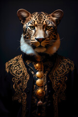 Portrait of an royal leopard with an embroidered jacket in gold, Created with generative ai technology. - 662073469