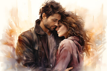 Loving Embrace, A Romantic Watercolor Illustration of a Couple Affectionately Embracing