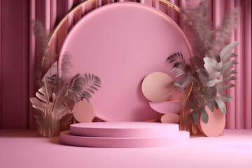 Abstract artistic stage with foliage. Aesthetic display for beauty items and cosmetic campaigns. Generative AI