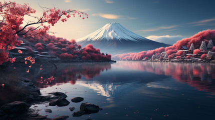 Beautiful scenic landscape of mountain Fuji or Fuji with reflection on lake at dawn. generative ai