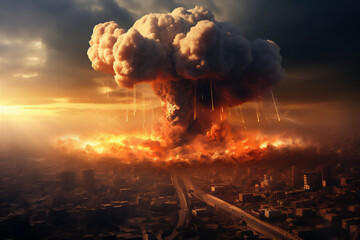 illustration of a nuclear bomb exploded in the middle of a metropolitan city, thick smoke like giant mushrooms in the sky, dust scatters in all directions, blast wave destroyed the city.