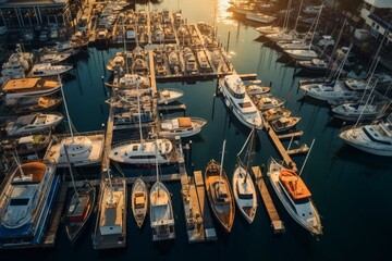 Aerial view of marina filled with docked boats. Generative AI