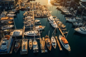 Fotobehang Aerial view of marina filled with docked boats. Generative AI © Eirene