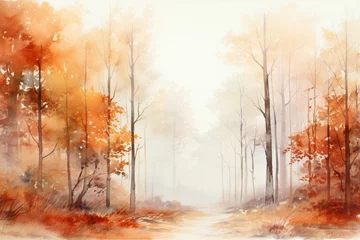Tuinposter Mystical forest in a fog, vibrant watercolor artwork on transparent backdrop, scenic woodscape. Generative AI © Abbas