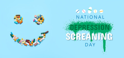 Fototapeta na wymiar Banner for National Depression screening day with happy face made of pills