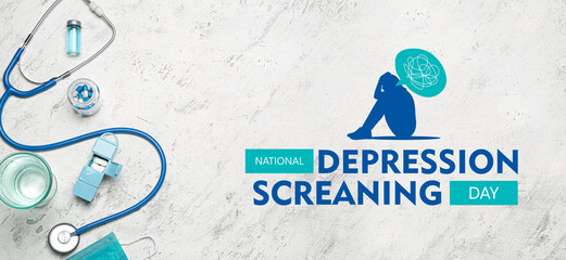 Banner for National Depression screening day with pills, glass of water and stethoscope