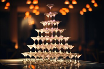 Stacked, empty wine glasses forming a pyramid shape in soft focus