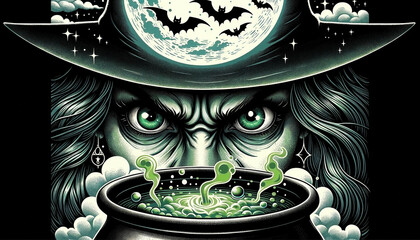 Illustration of a detailed closeup of a witch's face, eyes focused intently on her cauldron - Generative AI