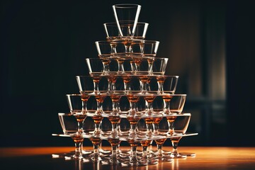 Stacked, empty wine glasses forming a pyramid shape in soft focus