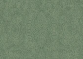 Hand-drawn unique abstract symmetrical seamless ornament. Dark semi transparent green on a light warm green background color. Paper texture. A4. (pattern: p09a)