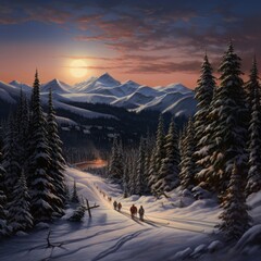 An oil painting showcasing a picturesque winter landscape. Tall pine trees are covered in snow, a...