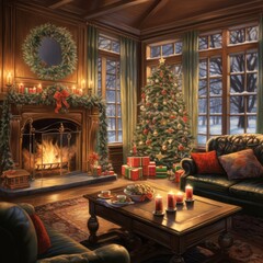 An oil painting of a cozy living room on Christmas morning. The room is lit by the soft glow of a fireplace. A diverse family unwraps presents under a beautifully decorated tree