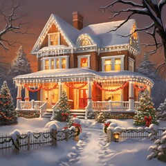 a classic home facade adorned with twinkling lights and wreaths. Snow gently falls, covering the front yard where a snowman