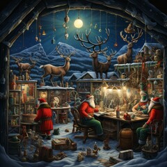 An illustration of Santa's workshop at the North Pole. Elves of various genders and sizes are busy assembling toys, wrapping gifts, and checking the naughty or nice list