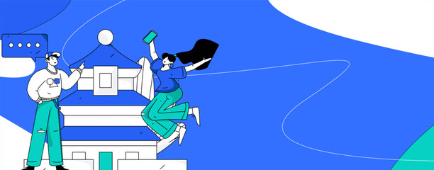 Holiday travel travel characters internet background vector hand drawn illustration
