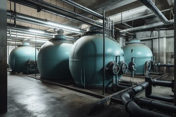A large water treatment facility's industrial boiler room. Generative AI