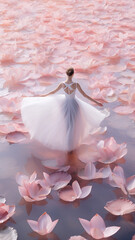 an aerial view of an Asian ballerina dancer in a flower-petal-filled river. Bridal photo shoot concept. 