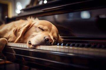 Close-up view at Golden retriever's face white fluffy dog sleep on the piano's keyboard.