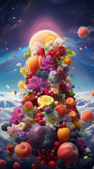 Enigmatic Cosmic Blossoms, Surreal Floral Tapestry of Celestial Fruits, Vibrant Plants, and Entwining Vines