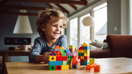Caucasian boy playing with colorful building blocks, showcasing creativity, learning, and development - obrazy, fototapety, plakaty