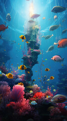 Naklejka na ściany i meble Exploring the Mystical and Surrealistic Wonders of the Enchanting Underwater World Teeming with Vibrant Marine Life