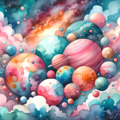 Ilustração Celestial: Mergulho no Cosmos Aquarelado - obrazy, fototapety, plakaty