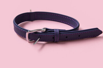 Leather pet collar on pink background