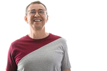 Fototapeta premium Portrait of happy mature man in eyeglasses isolated on white background