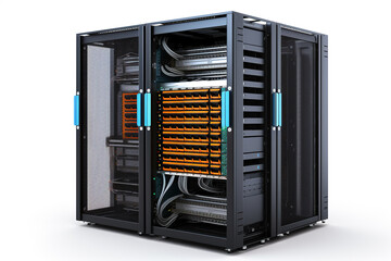 IT server rack with headless networking, technology concept, isolated on a white background