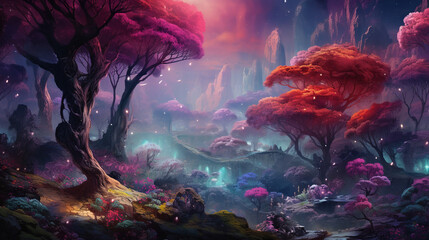 Surreal Enchantment, A Breathtaking Landscape Where Ancient Trees Awaken to the Whisperings of the Forest Goddess