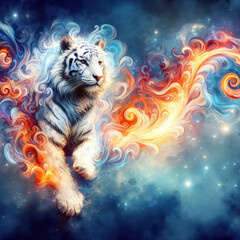 Fantasy watercolor painting of a white tiger with swirling fire against a blue backdrop.generative AI.