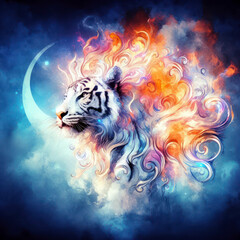 Fantasy watercolor painting of a white tiger with swirling fire against a blue backdrop.generative AI.