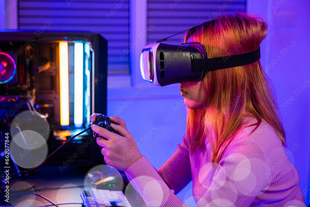 Poster gamer in vr headset glasses exploring metaverse play video game online with joystick on computer neo