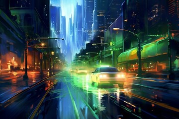 Nighttime cityscape with car on street amidst streaks of blue and green lights, illuminated buildings in background. Generative AI