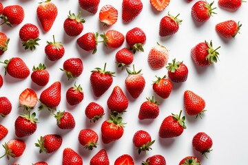 Fresh strawberries on white, arranged in a pattern, captured from above. Generative AI
